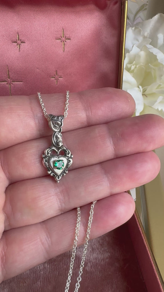 Victorian Gothic artisan heart emerald necklace in Sterling Silver