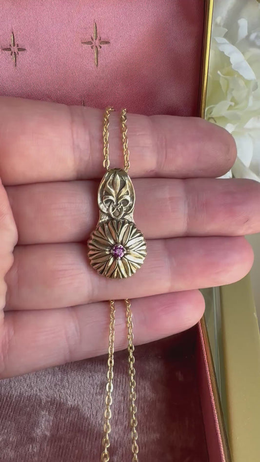 Heirloom Dahlia and Garnet artisan brass necklace