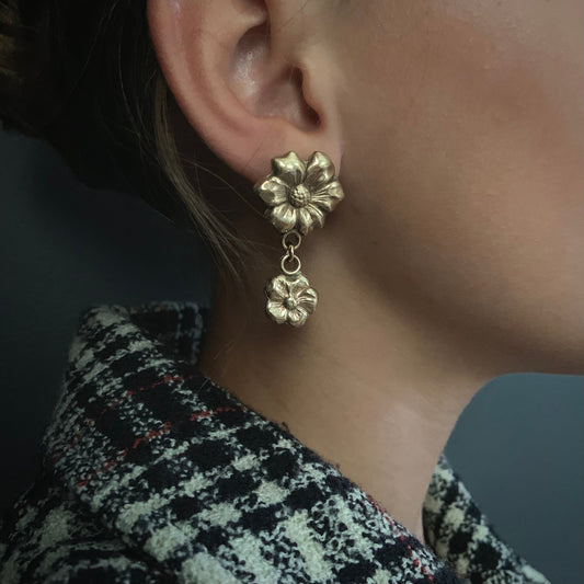 Handmade Cosmos flower earrings in raw brass