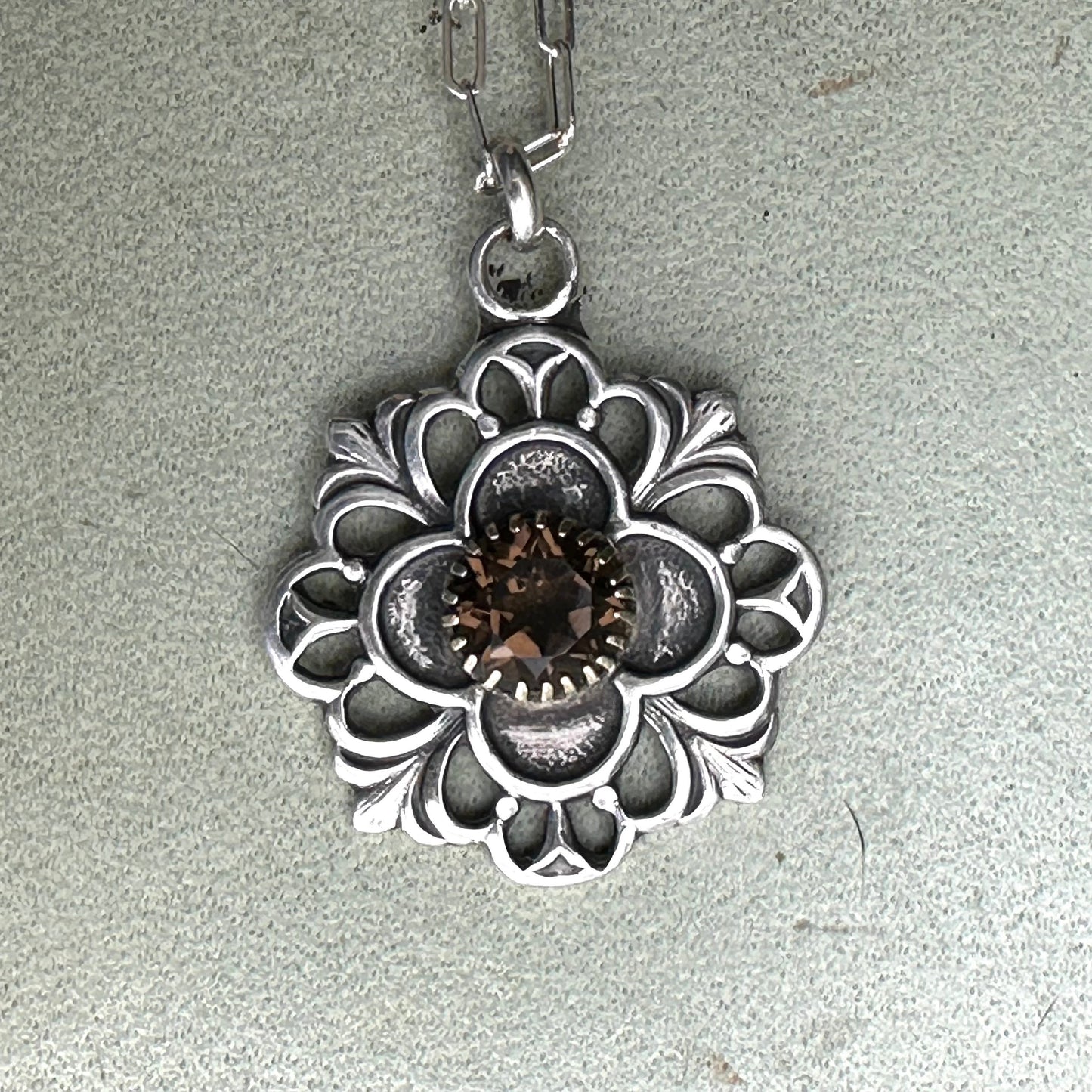 Art Nouveau Quatrefoil Smoky Topaz mixed metal necklace in Sterling Silver and Nu Gold