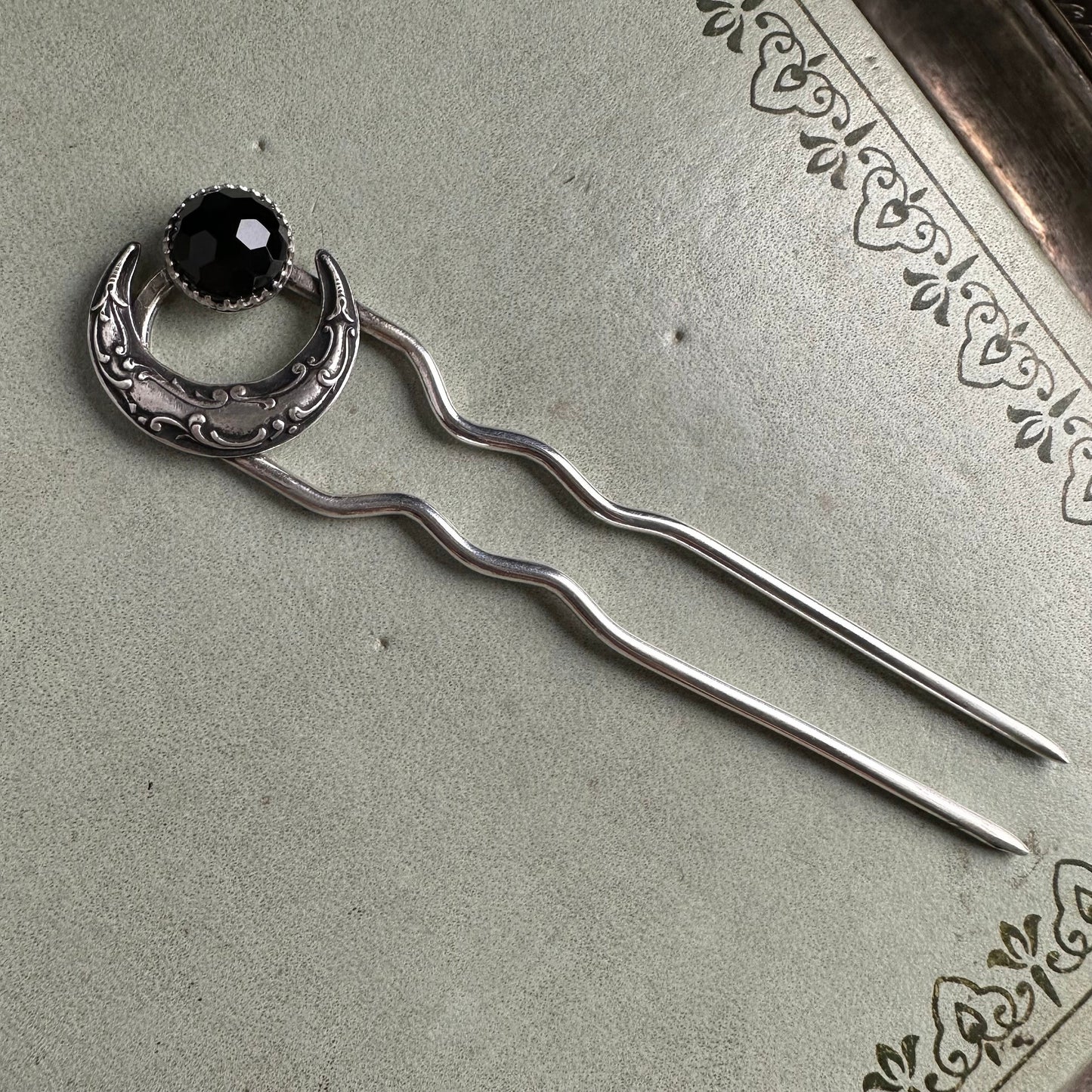 Vintage Victorian Gothic crescent moon Black Onyx handmade hairpin