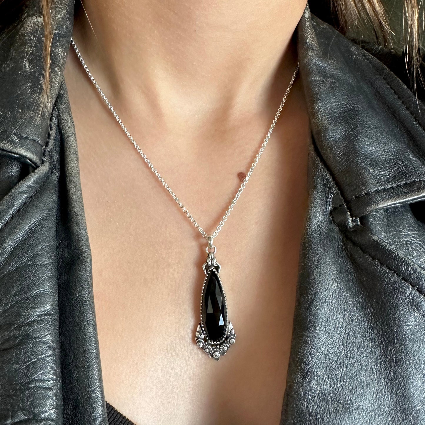 Black Onyx botanical Victorian Gothic Amulet necklace in antiqued Sterling Silver