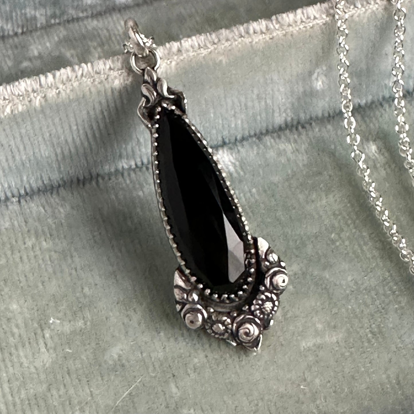 Black Onyx botanical Victorian Gothic Amulet necklace in antiqued Sterling Silver