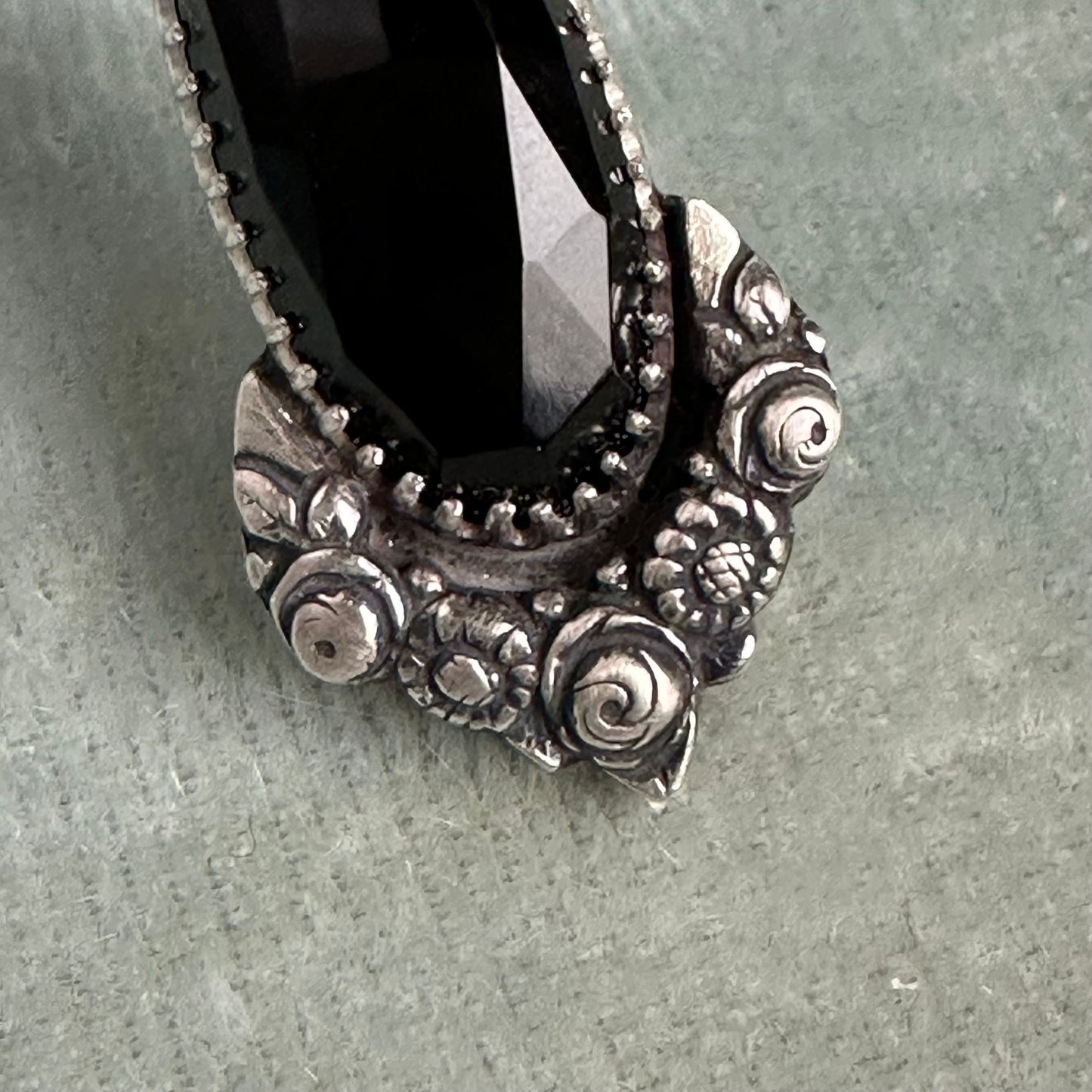 Black Onyx botanical Victorian Gothic Amulet necklace in antiqued Sterling Silver