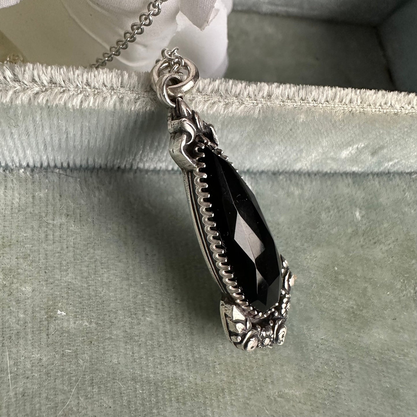 Black Onyx botanical Victorian Gothic Amulet necklace in antiqued Sterling Silver